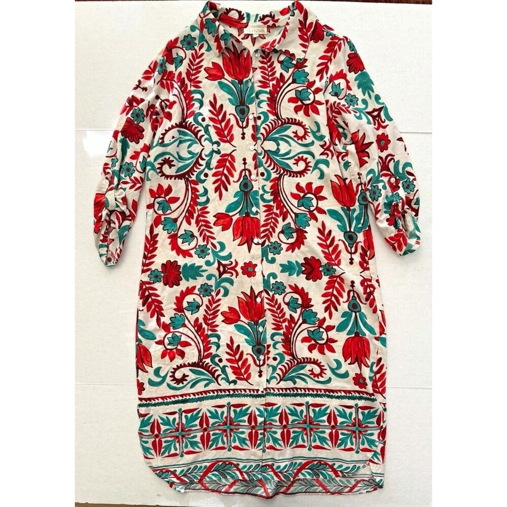 FIG + FLOWER Women’s Woven Rayon Shirt Dress XL Floral Midi Boho Anthropologie - Picture 2 of 8